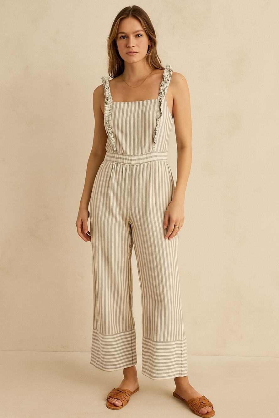 Patpat Women's Ruffle Striped Jumpsuit Sleeveless Wide Leg White/Gray Size L